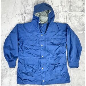 Vintage REI Mens Hooded Nylon Jacket Blue Full Zip Snap Front Outdoor Coat L